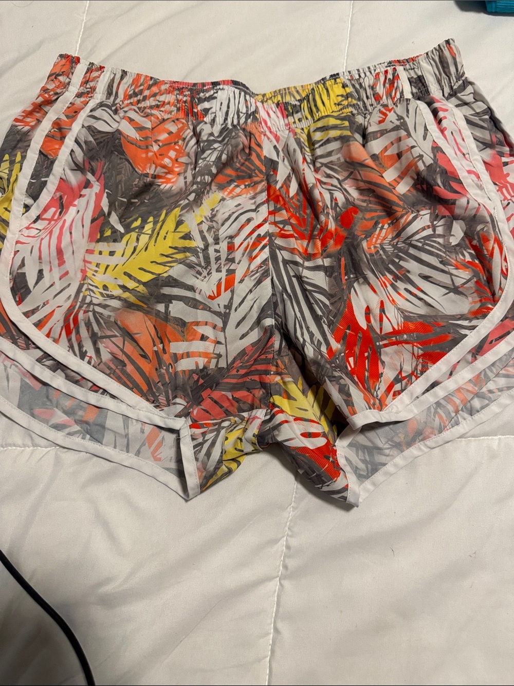 Women’s Tropical Leaf Athletic Shorts in White with Multicolor Print